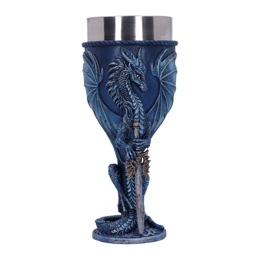 Navy resin dragon goblet with a deep-blue dragon holding a sword