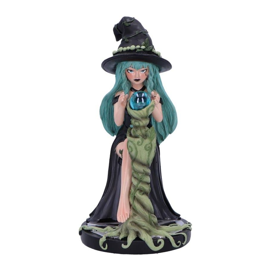 Witch figurine with turquoise hair, black dress and leafy hat cradling an orb