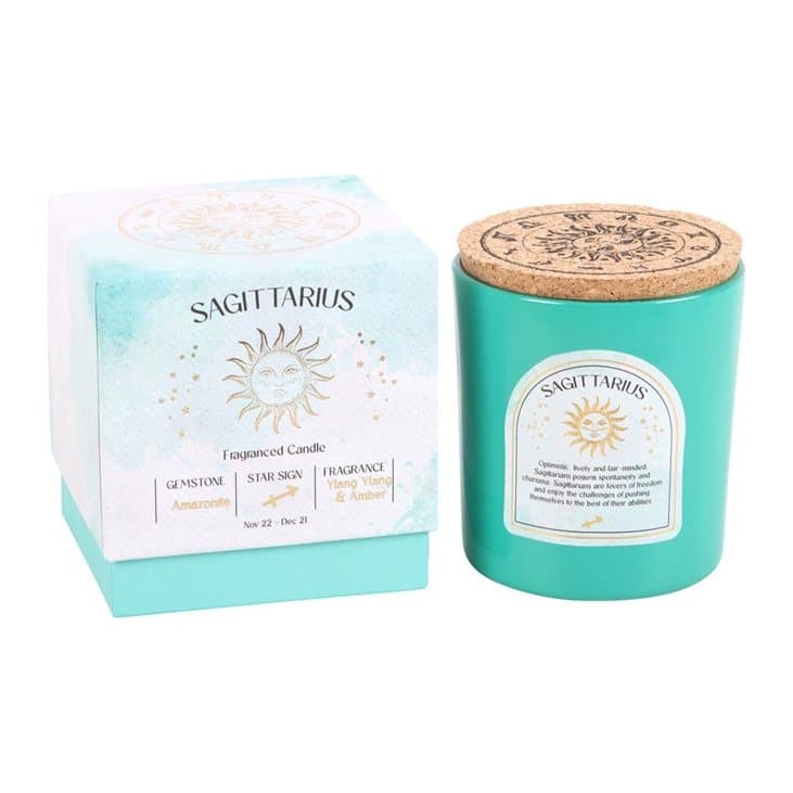 Sagittarius zodiac candle with amazonite chips in glass