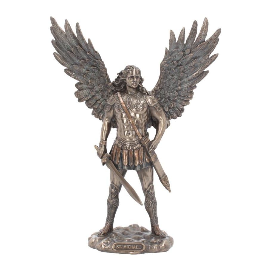 Bronze-finished Saint Michael archangel figurine with sword and spread wings