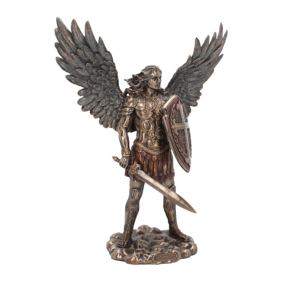 Bronze-finished Archangel Michael figurine with sword, shield and spread wings