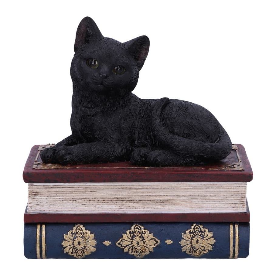 Hand-painted resin black cat lying on two stacked spellbooks
