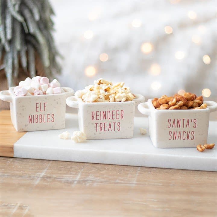Three Christmas bowls for Santa, the reindeer and the elves