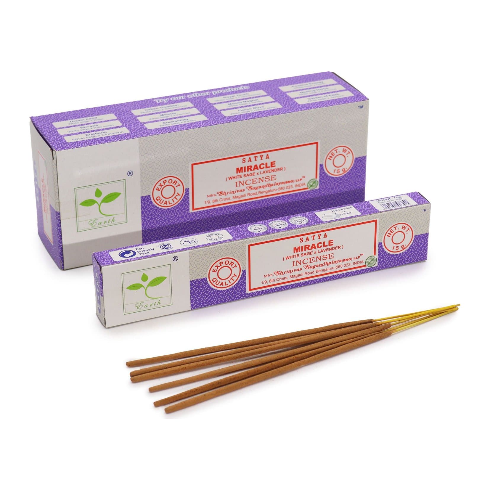 Satya Miracle white sage and lavender incense sticks in a 15 g pack