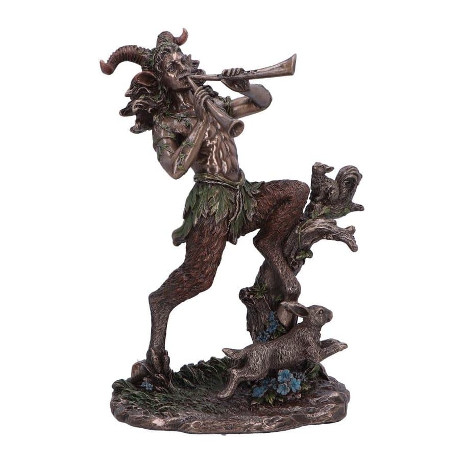 Bronze resin satyr figurine, half-human and half-goat, in leafy attire playing pipes