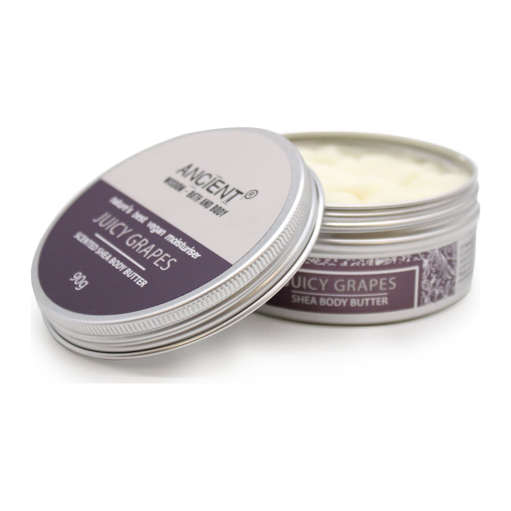 Juicy Grapes scented shea body butter in a plain tin, 90 g