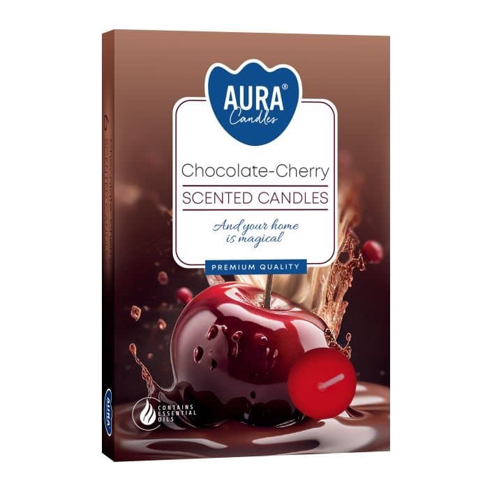 Chocolate and sour cherry scented tealights in three packs of six
