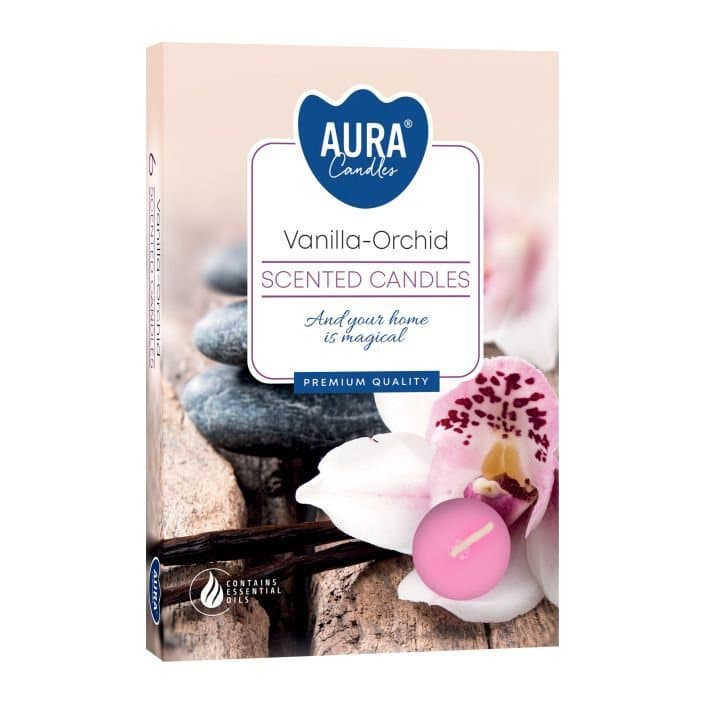 Vanilla and orchid scented tealight candles, 3 sets of 6