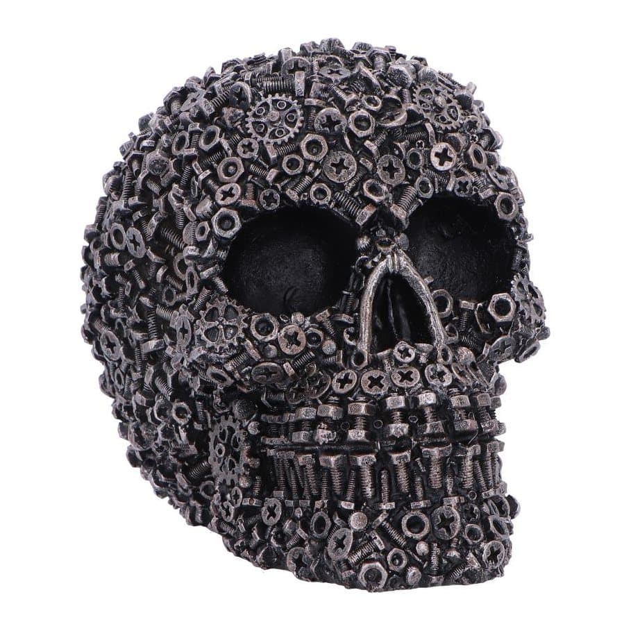 Dark metallic screwed skull figurine made from nails, nuts, bolts and screws