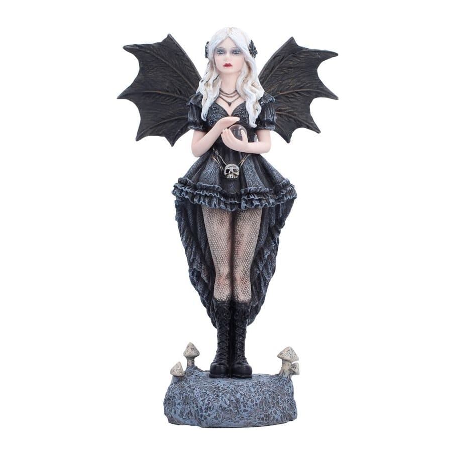 Gothic fairy figurine with long blonde hair, bat-like wings and a small rat