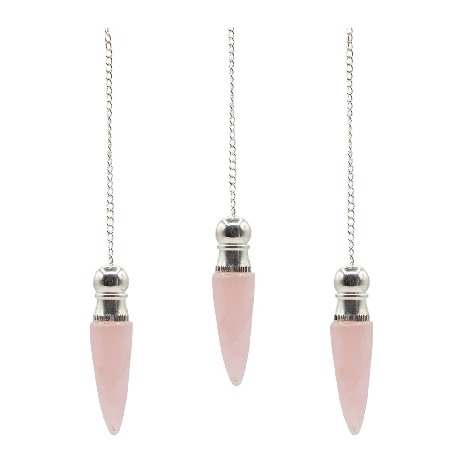 Soft pink rose quartz pendulum with a silver-plated finish and a pointed shape