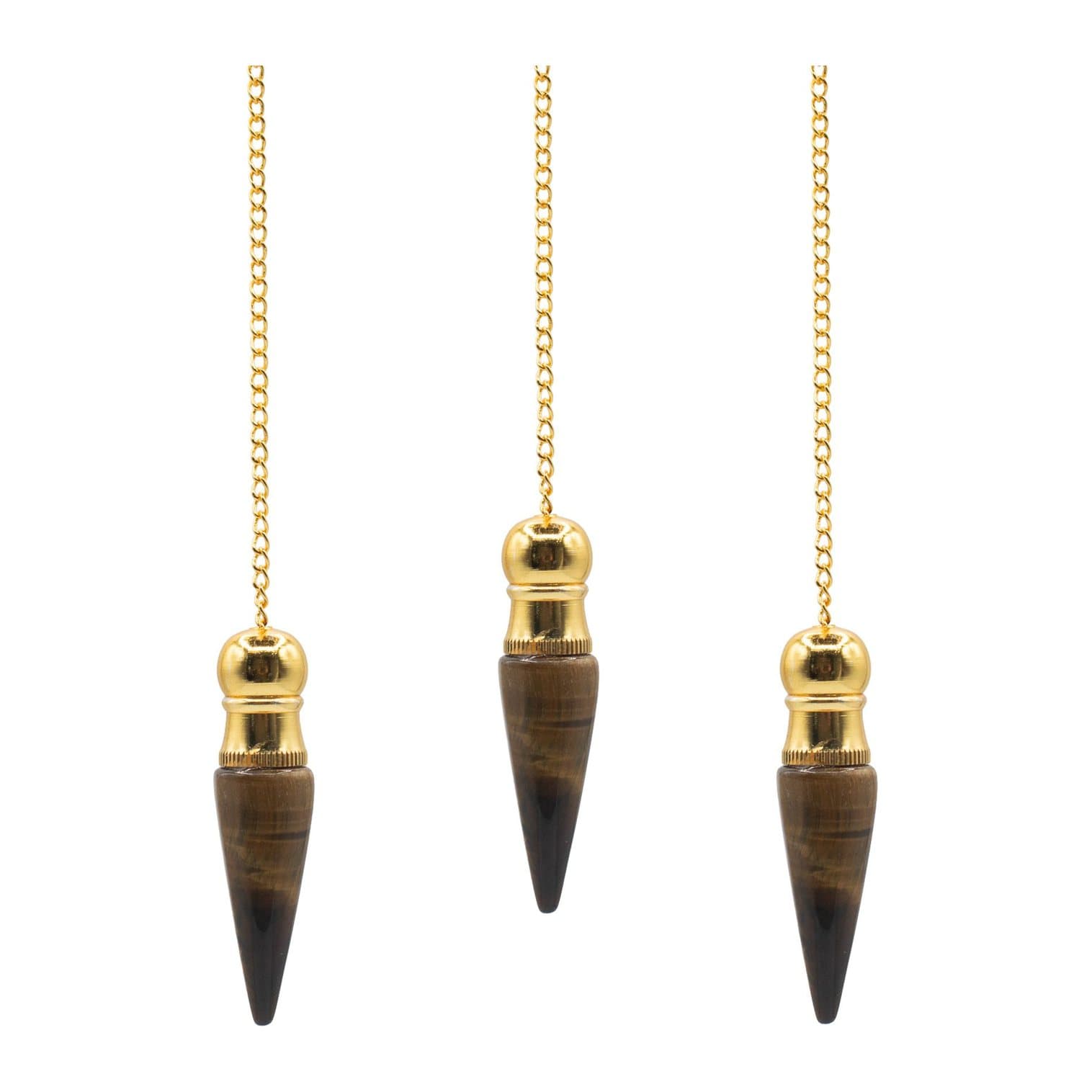 Golden-brown tiger eye pendulum with a gold-plated finish and a pointed shape