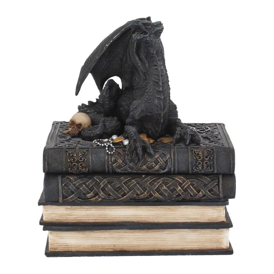 Black dragon resting on a stack of books with coins, jewels and skulls