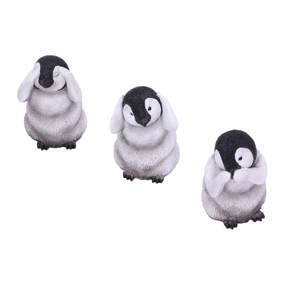 Three baby Emperor penguin chick figurines covering mouth, ears and eyes
