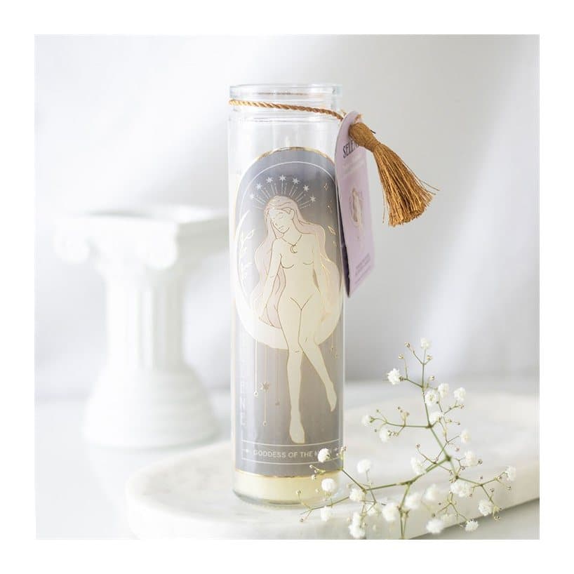 Selene Goddess tube candle decorated with amethyst crystals