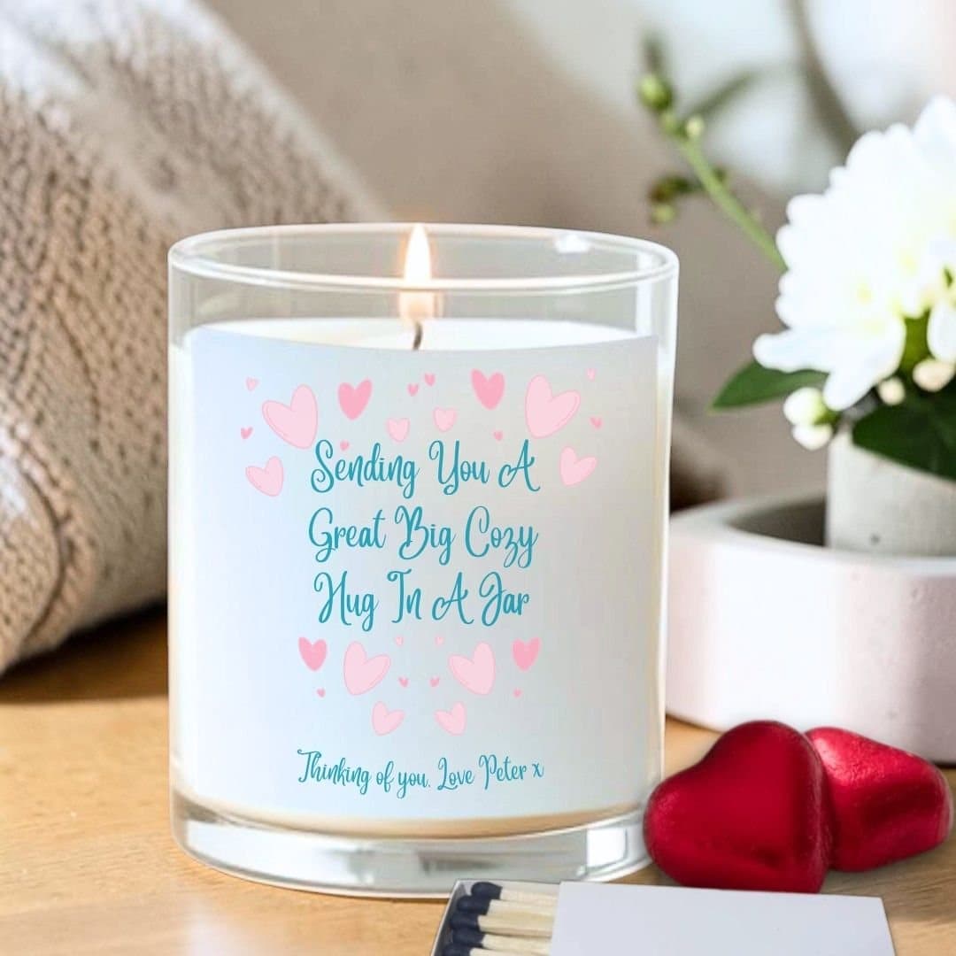 Personalised glass jar candle gift set with red foiled chocolate hearts and matches