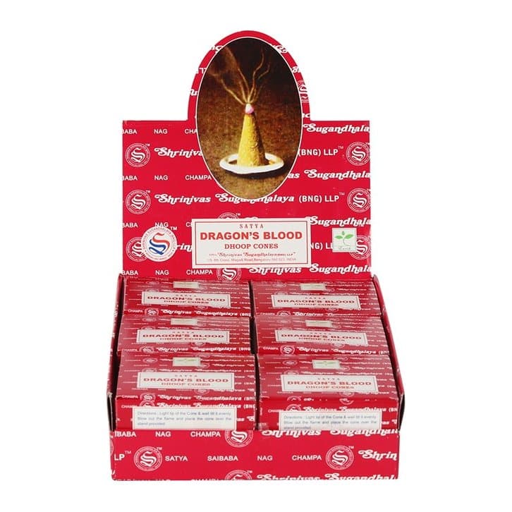 Display box of Satya Dragon's Blood dhoop incense cones, 12 packs