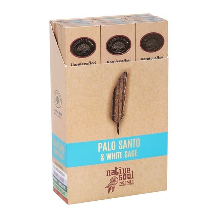 Set of 12 boxes of palo santo and white sage incense sticks in display packaging