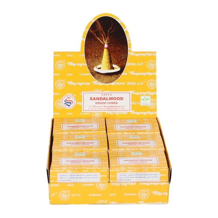 Colour cardboard box of Satya Sandalwood dhoop incense cones, 12 packs