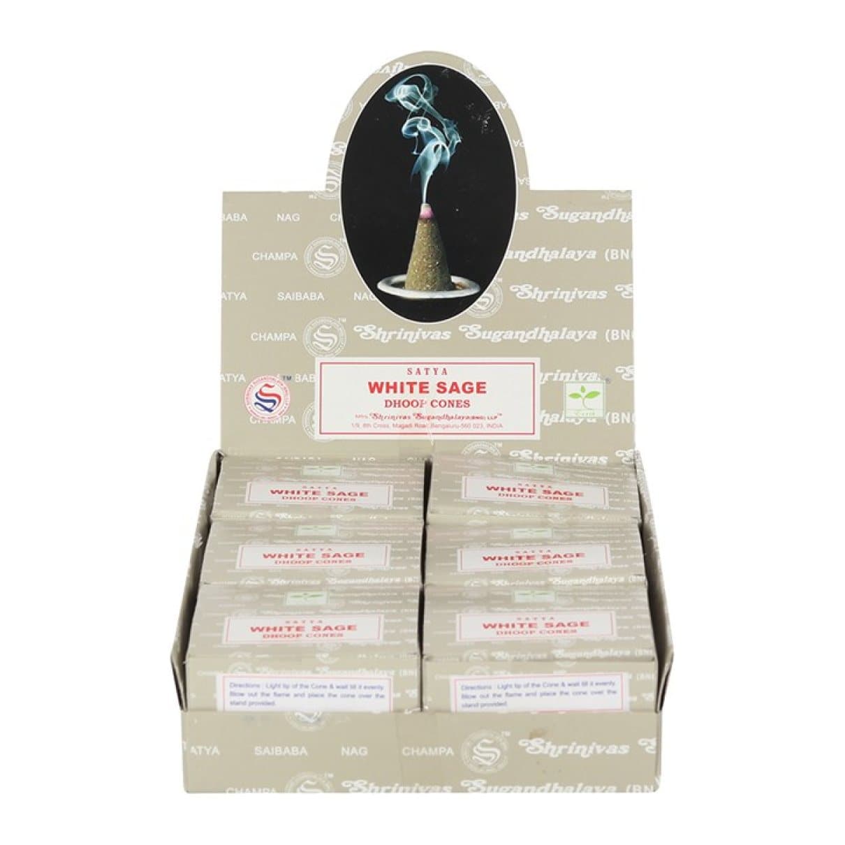 Set of 12 Satya white sage dhoop cones in a display box