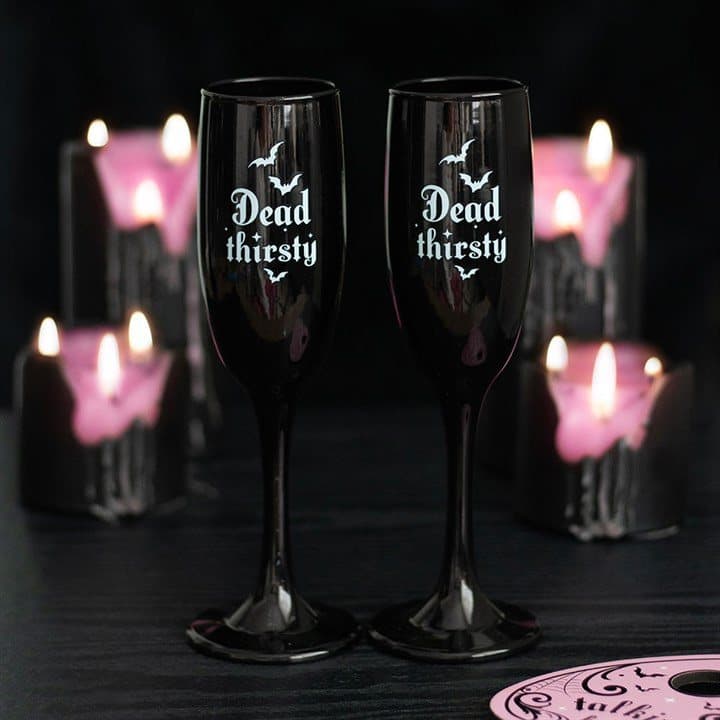 Set of two black design Dead Thirsty champagne flutes