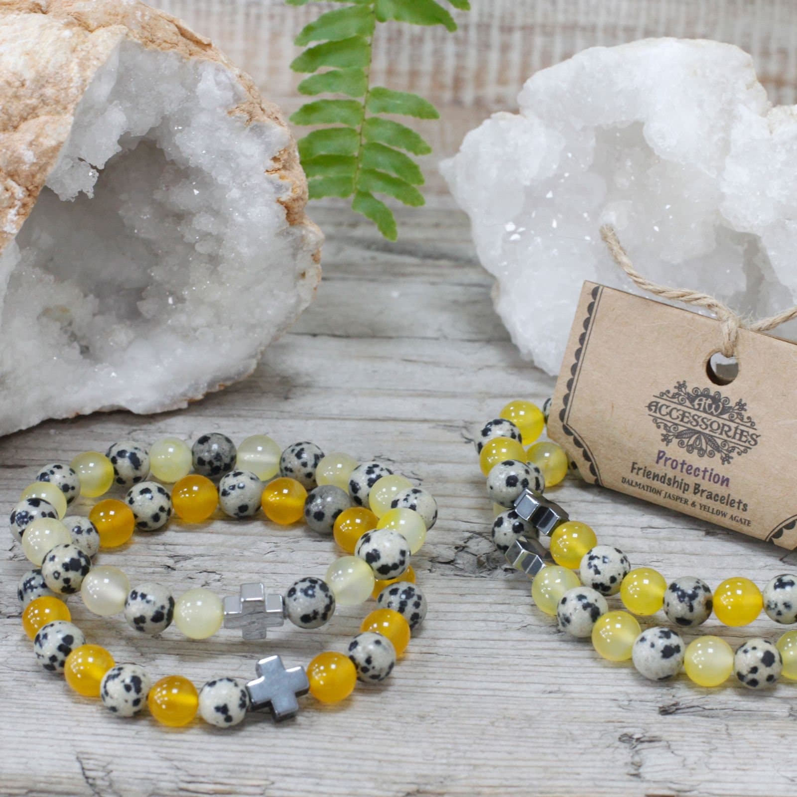 Set of two dalmatian jasper and yellow agate gemstone bracelets