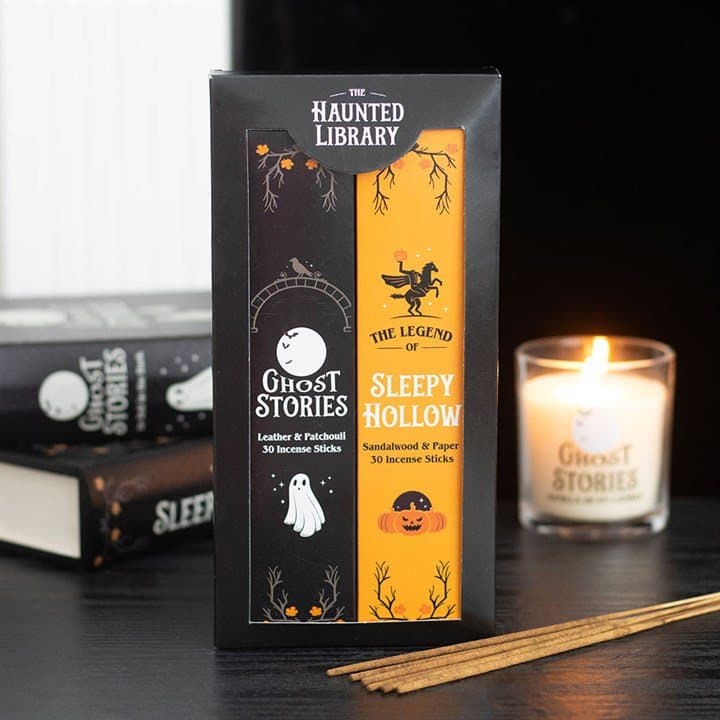 Two packs of Haunted Library incense sticks in a colour cardboard box