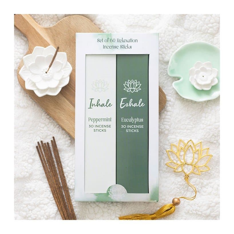Colour cardboard box with window holding two Inhale Exhale incense stick packs