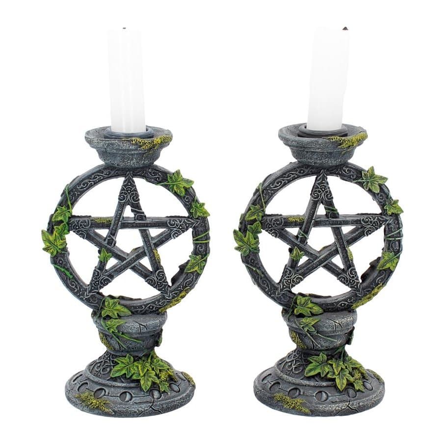 Pair of resin pentagram candlesticks wound with ivy and Celtic patterns