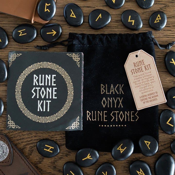 Black onyx Viking rune stones, a set of 25, with a Norse rune on each stone
