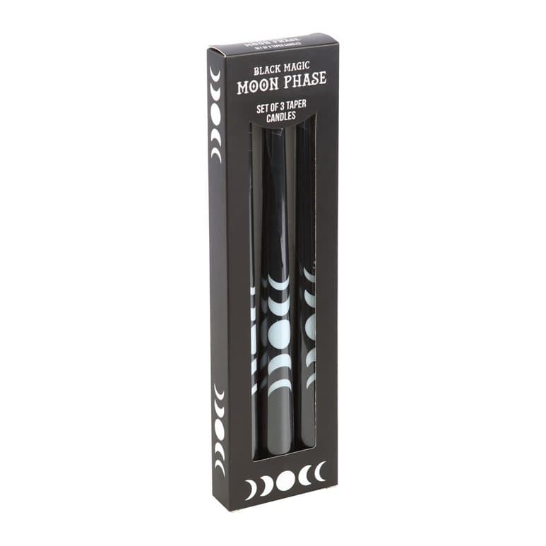 Three black taper candles with a moon phase design