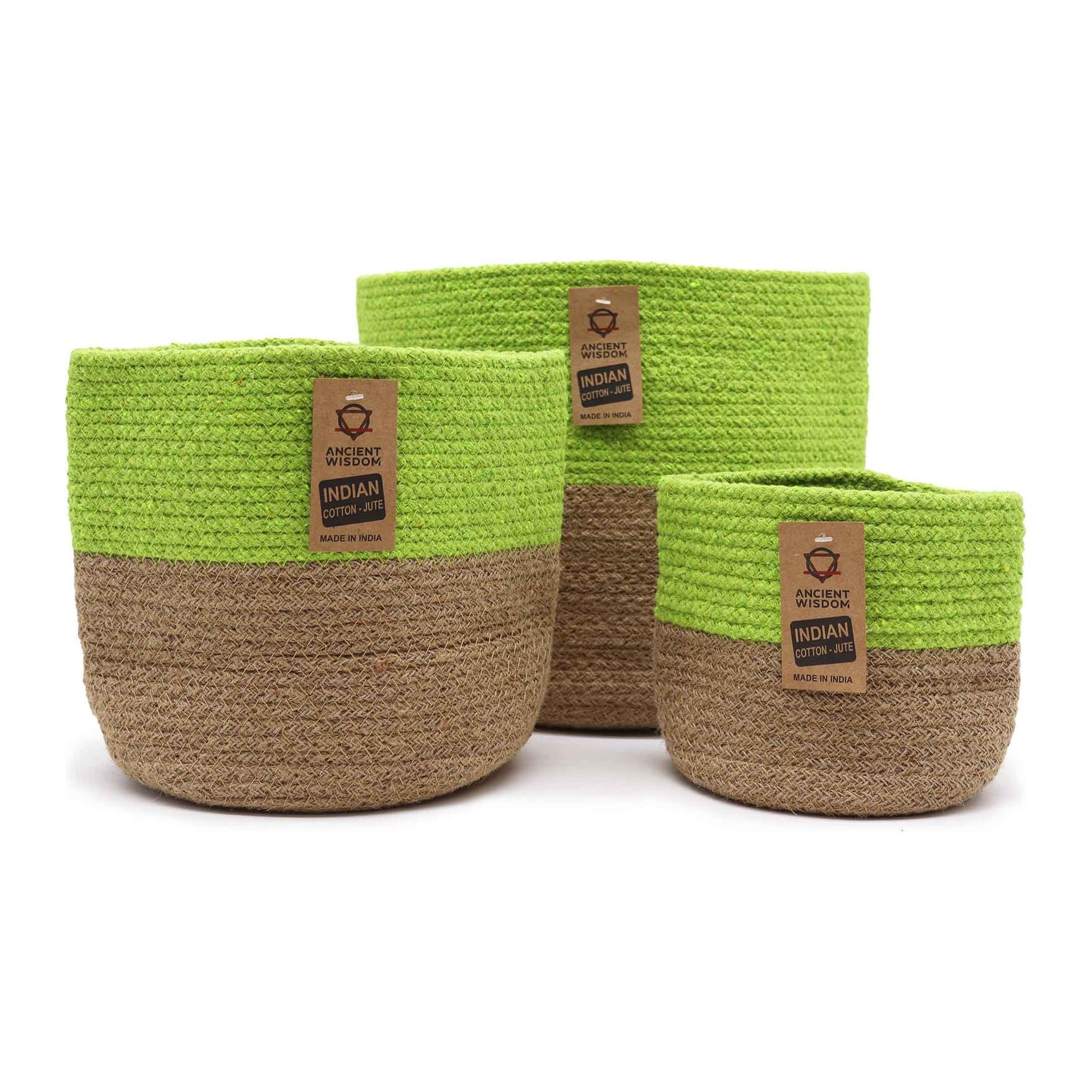 Set of three pistachio green cotton rope storage baskets