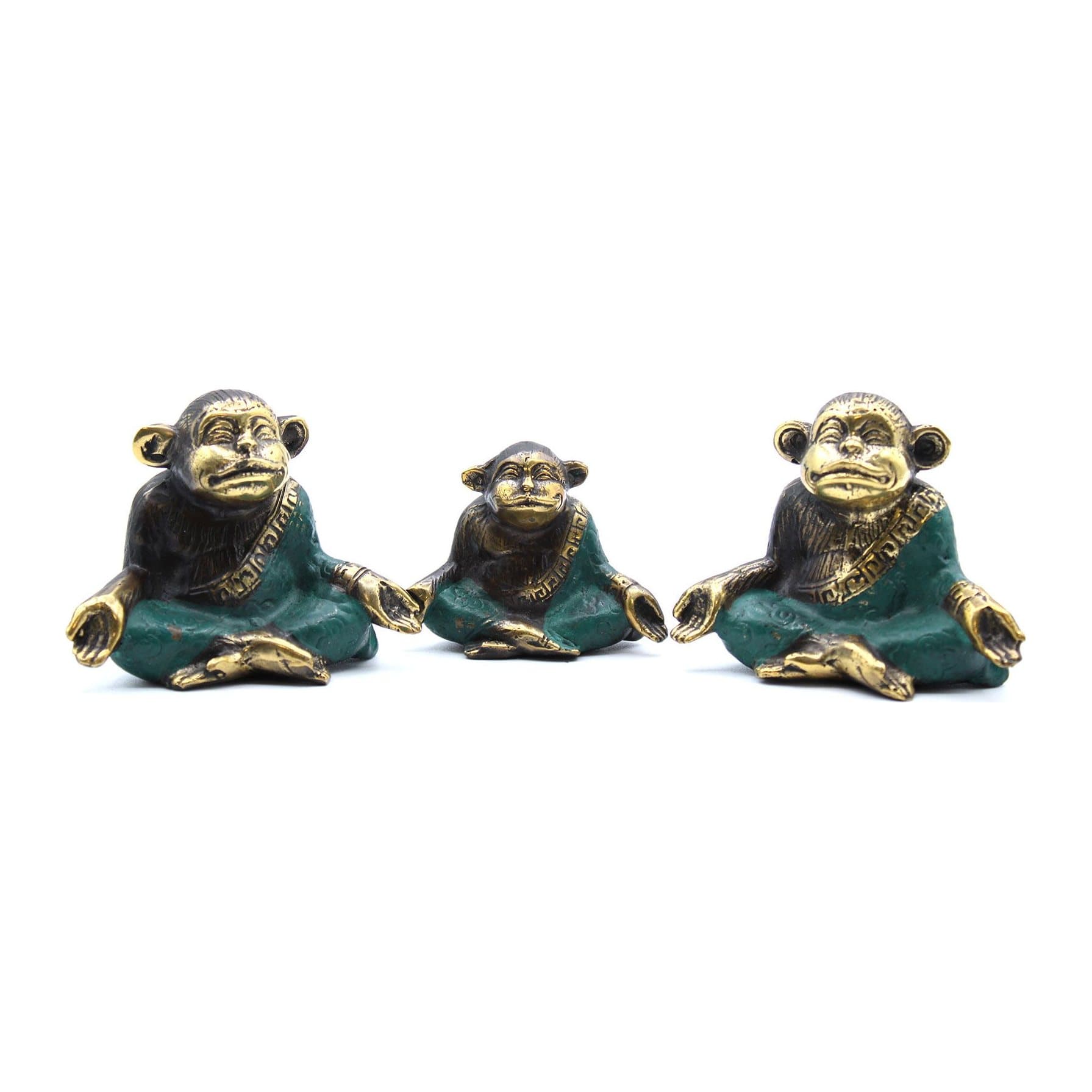 Three brass yoga monkeys in assorted sizes