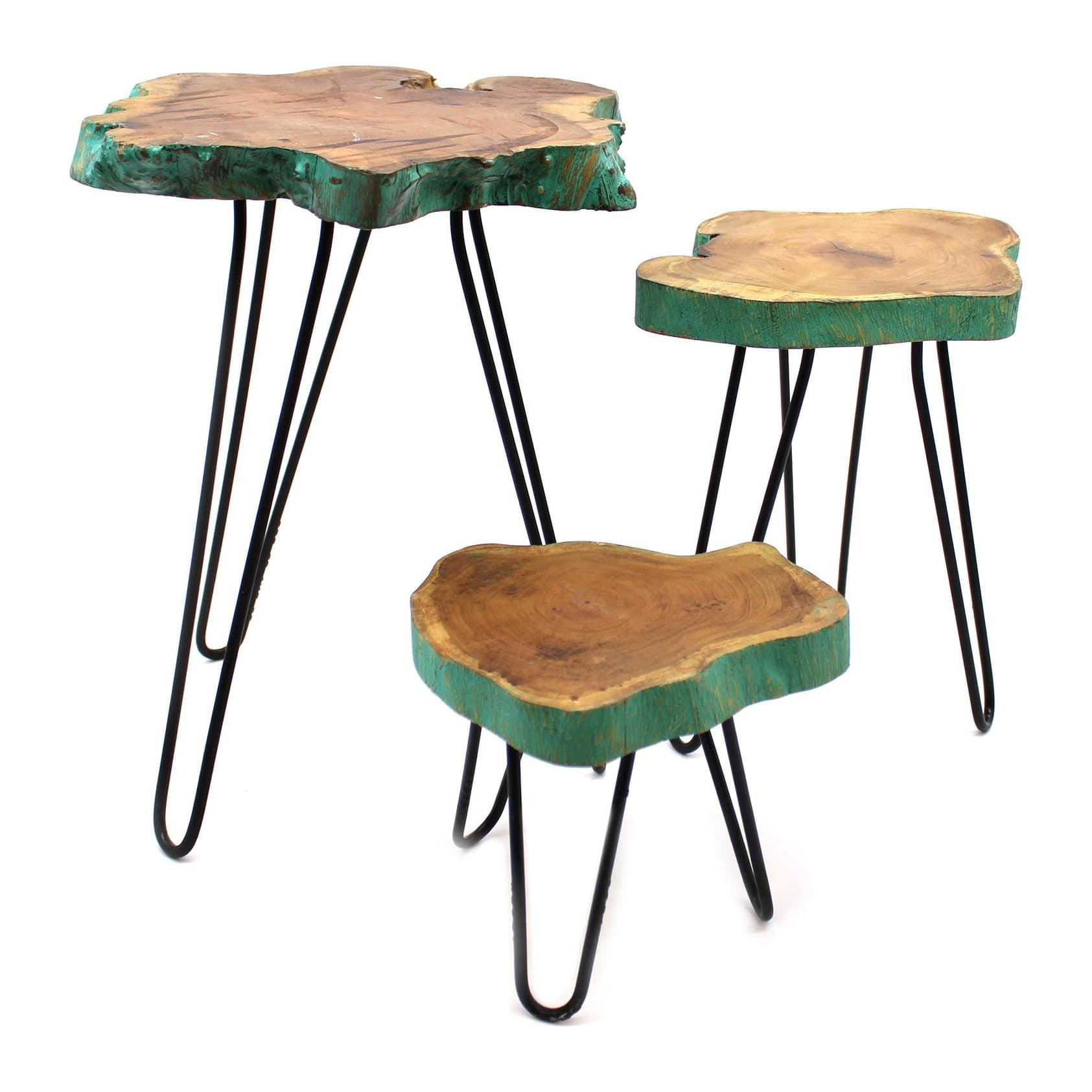 Set of three Greenwash wooden plant stands on black hairpin legs