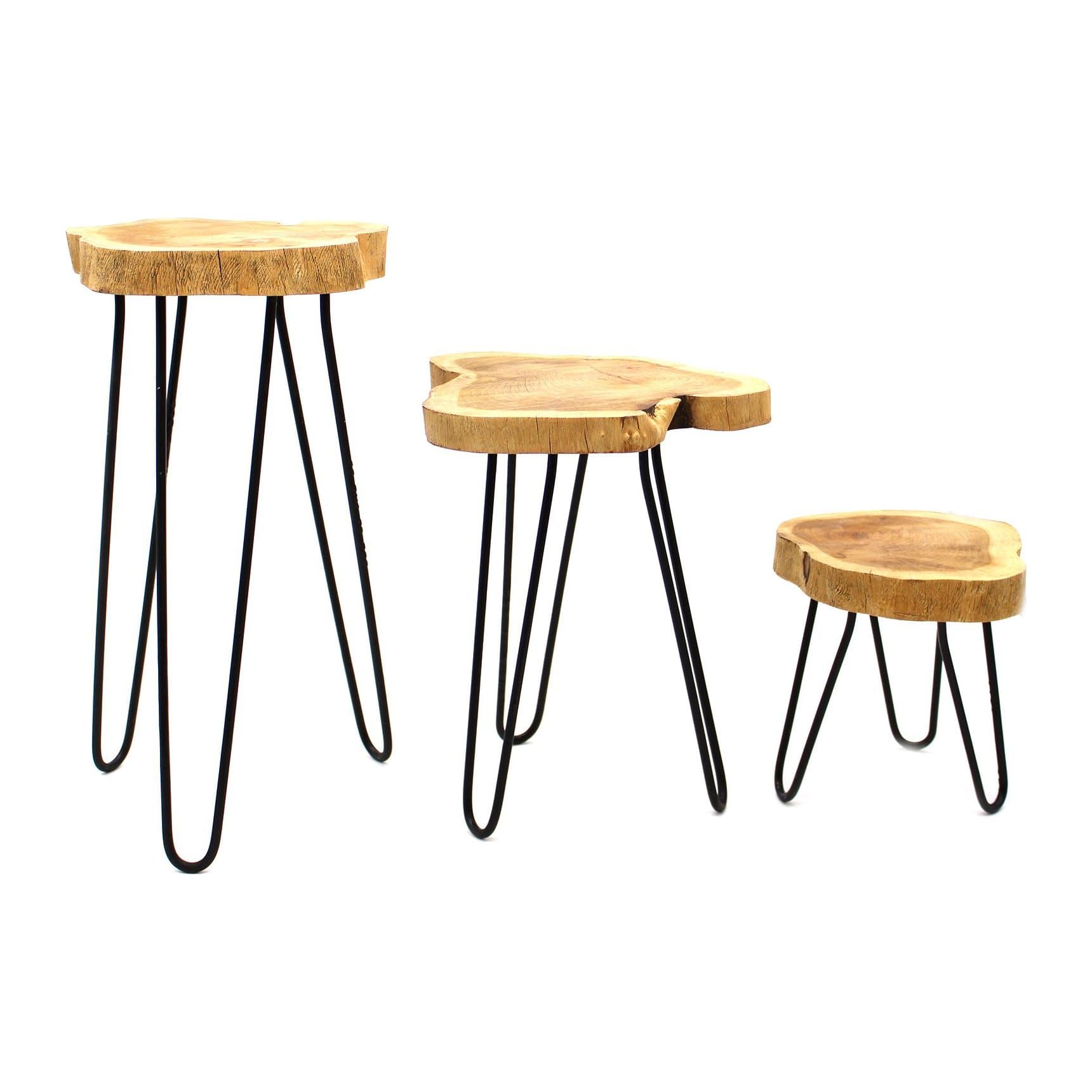 Set of three natural wooden plant stands on black hairpin legs