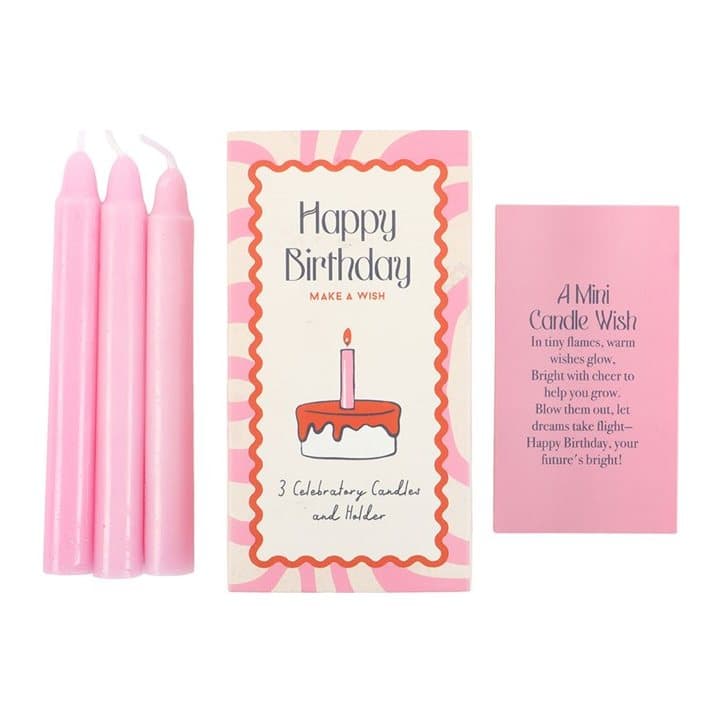Three pink happy birthday candles with a colour cardboard box