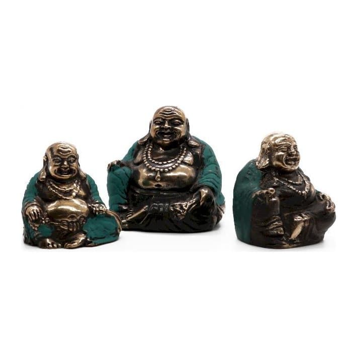 Set of three brass happy Buddha figures in large, medium and small sizes