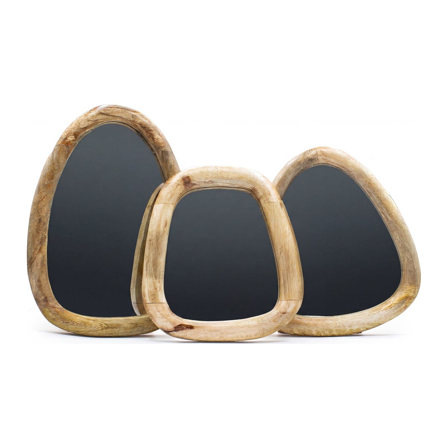 Set of three pebble shaped mirrors with light wood frames