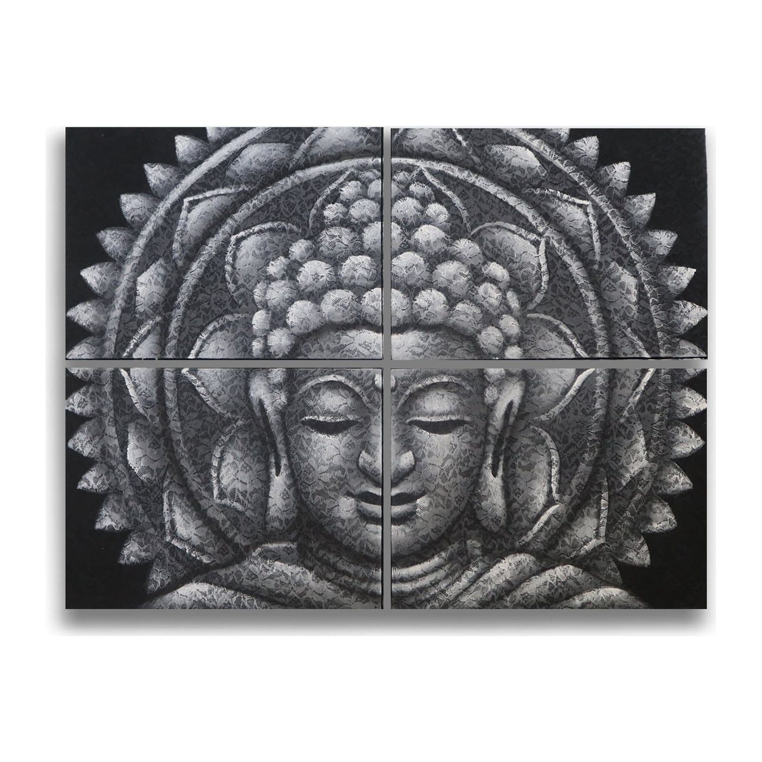Set of four framed Buddha paintings with mandala brocade detail