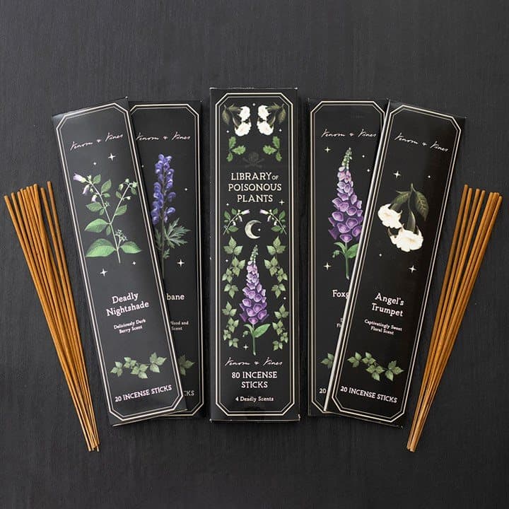 Set of four poisonous plants incense stick packs with botanical designs