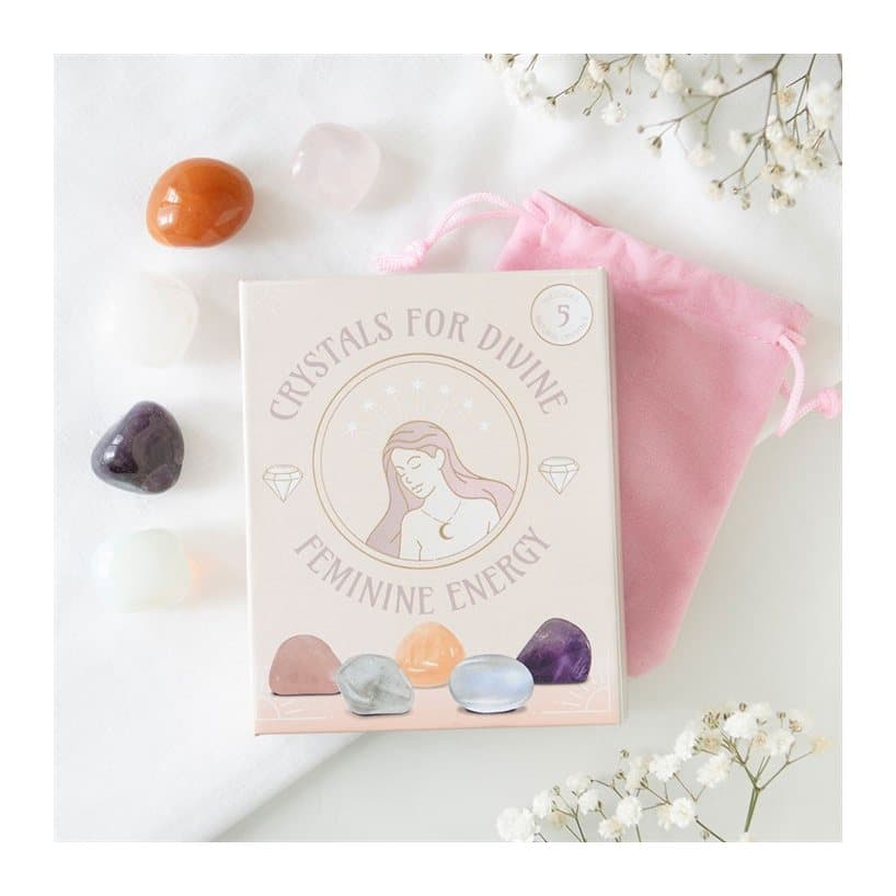 Set of 5 crystals for divine feminine energy, including amethyst and rose quartz