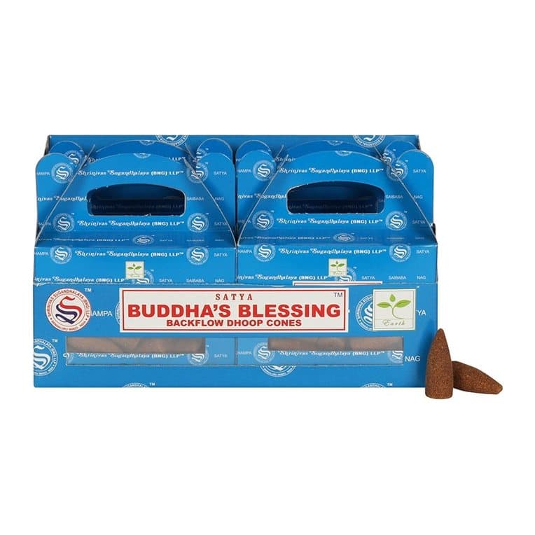 Display box of Buddha's Blessing backflow incense cones in coloured cardboard