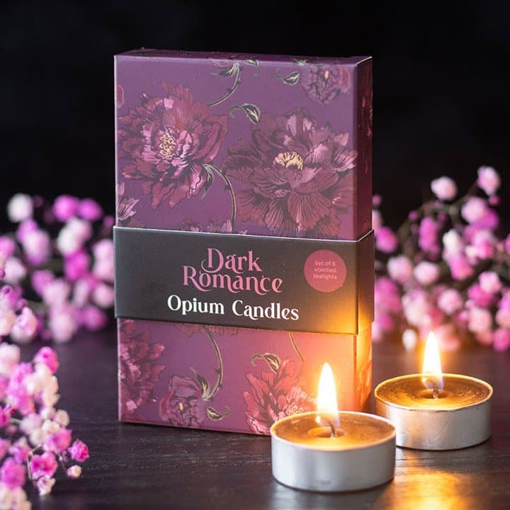 Boxed set of six opium tealight candles with dark botanicals packaging