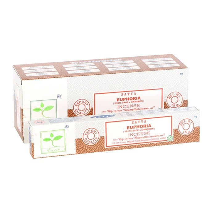 Colour cardboard box of Satya Euphoria Earth incense, six packs