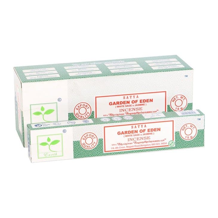 Colour cardboard box of Satya Garden of Eden Earth incense, six packs