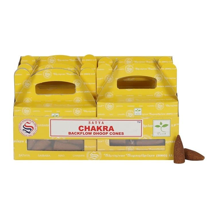 Display box of Chakra backflow incense cones in coloured cardboard