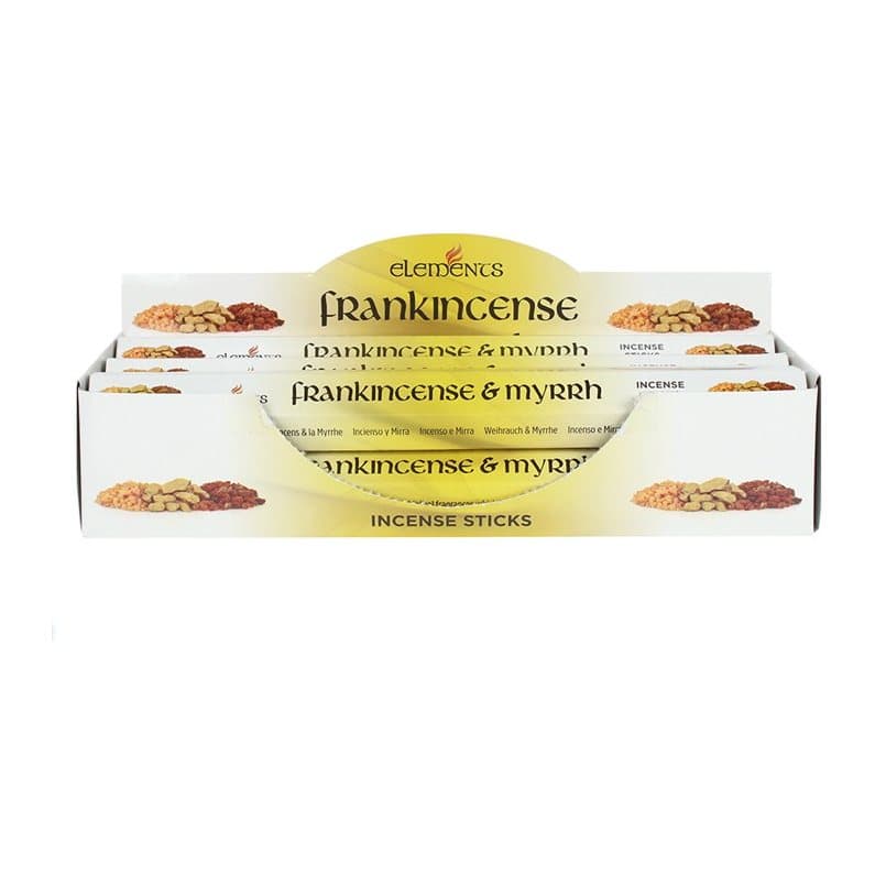 Display box of six packs of Elements Frankincense and Myrrh incense sticks