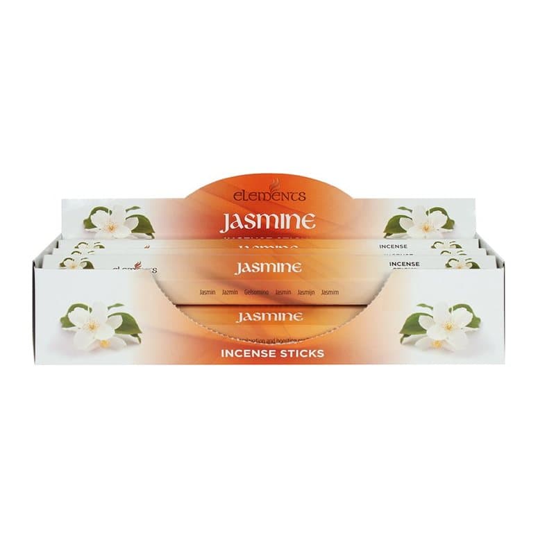 Box of six packs of Elements jasmine incense sticks in a picture box