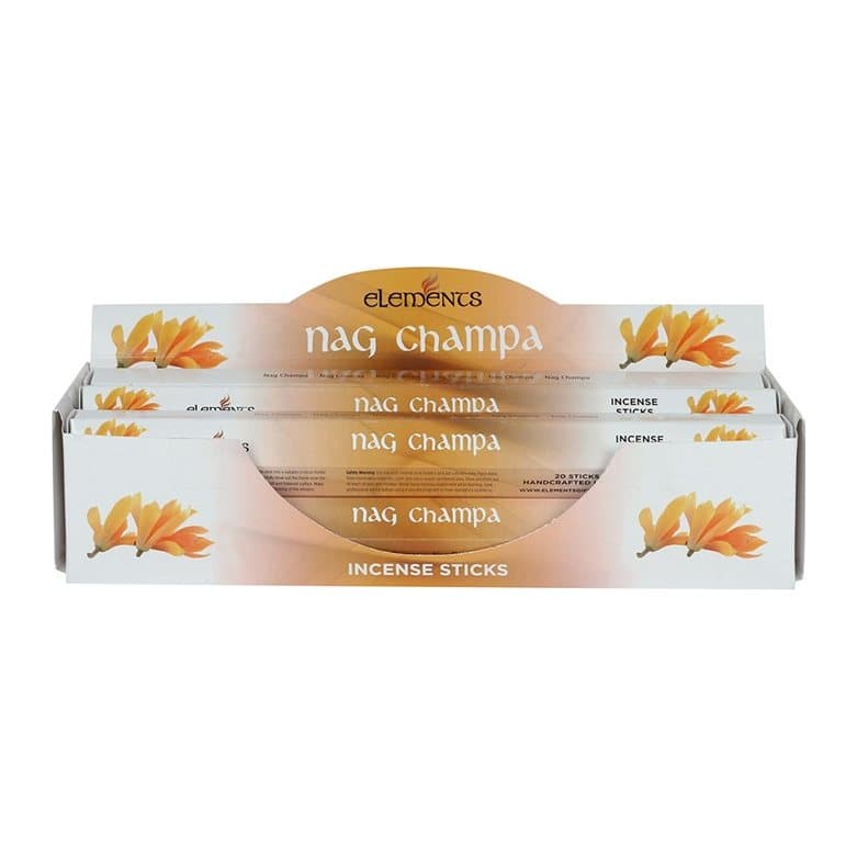 Box of six packs of Elements Nag Champa incense sticks in a picture box