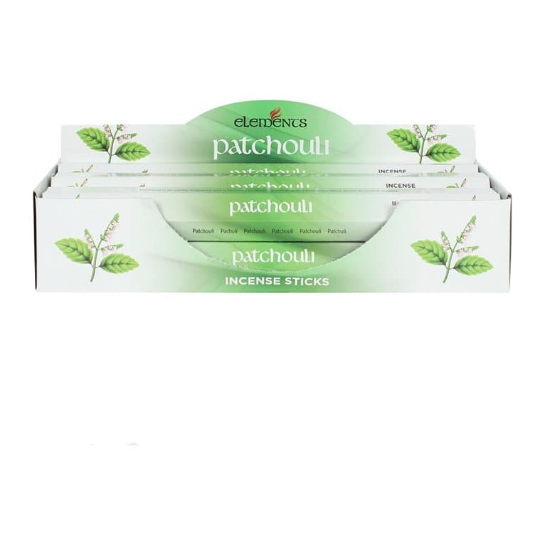 Display box of six hexagonal packs of Elements patchouli incense sticks